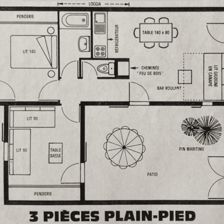 Plan ferme marine Type T3 sol, 3 pièces de plain pied